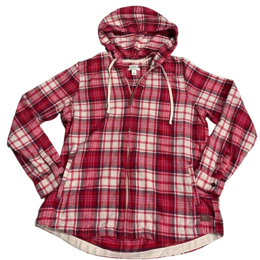 L.L. Bean Large Tall Scotch Plaid Flannel Zip Hoodie Red Cream Jacket 512774